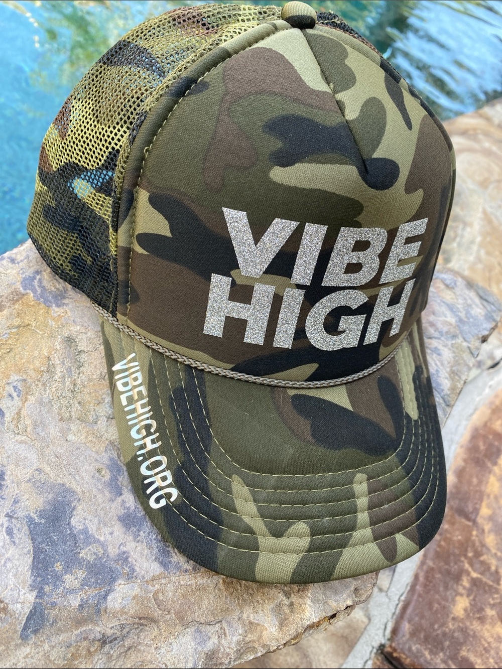 Vibe High Camouflage Trucker Hat with Silver Glitter Logo